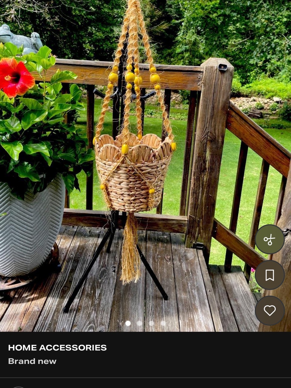 Handwoven Macrame Natural Hanging Planter with Hand-Painted Yellow Bead Accents